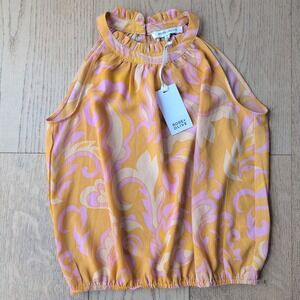 Rose & Olive Sleeveless Halter Top XS Yellow Pink Floral Hippie Boho 70s‎ Blouse